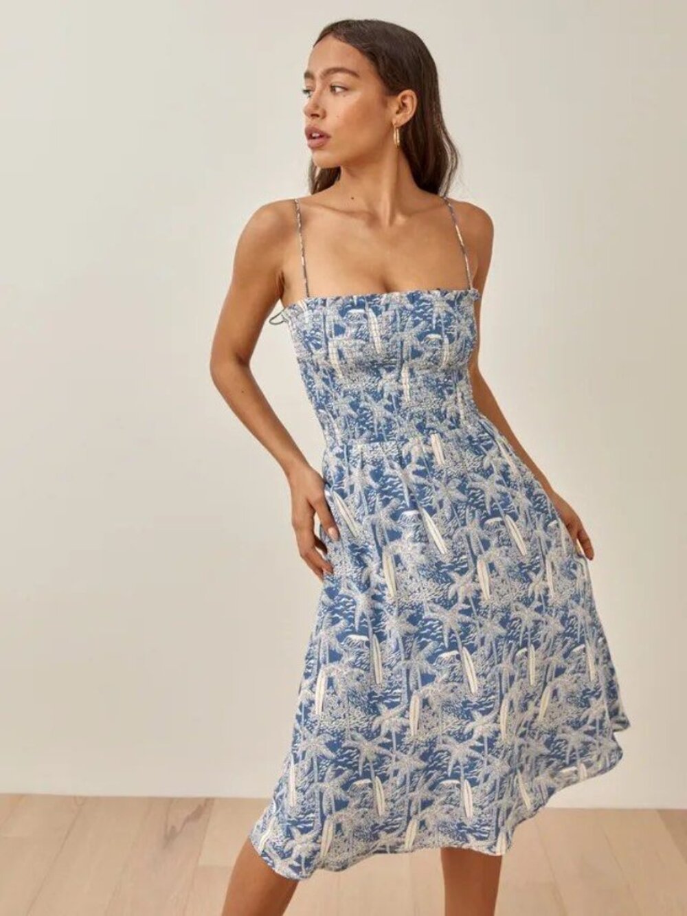 NWOT REFORMATION Sable Dress S Bali Blue White Floral Smocked Tie Strap Midi